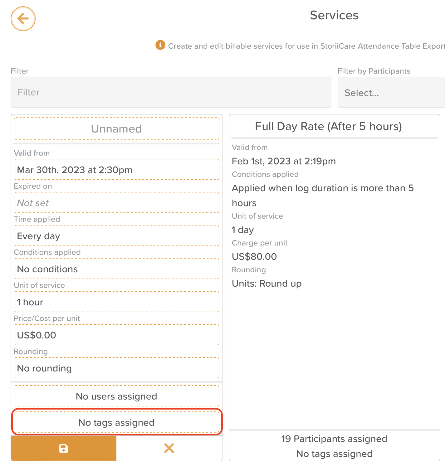 StoriiCare screenshot: Tags within the Services Feature