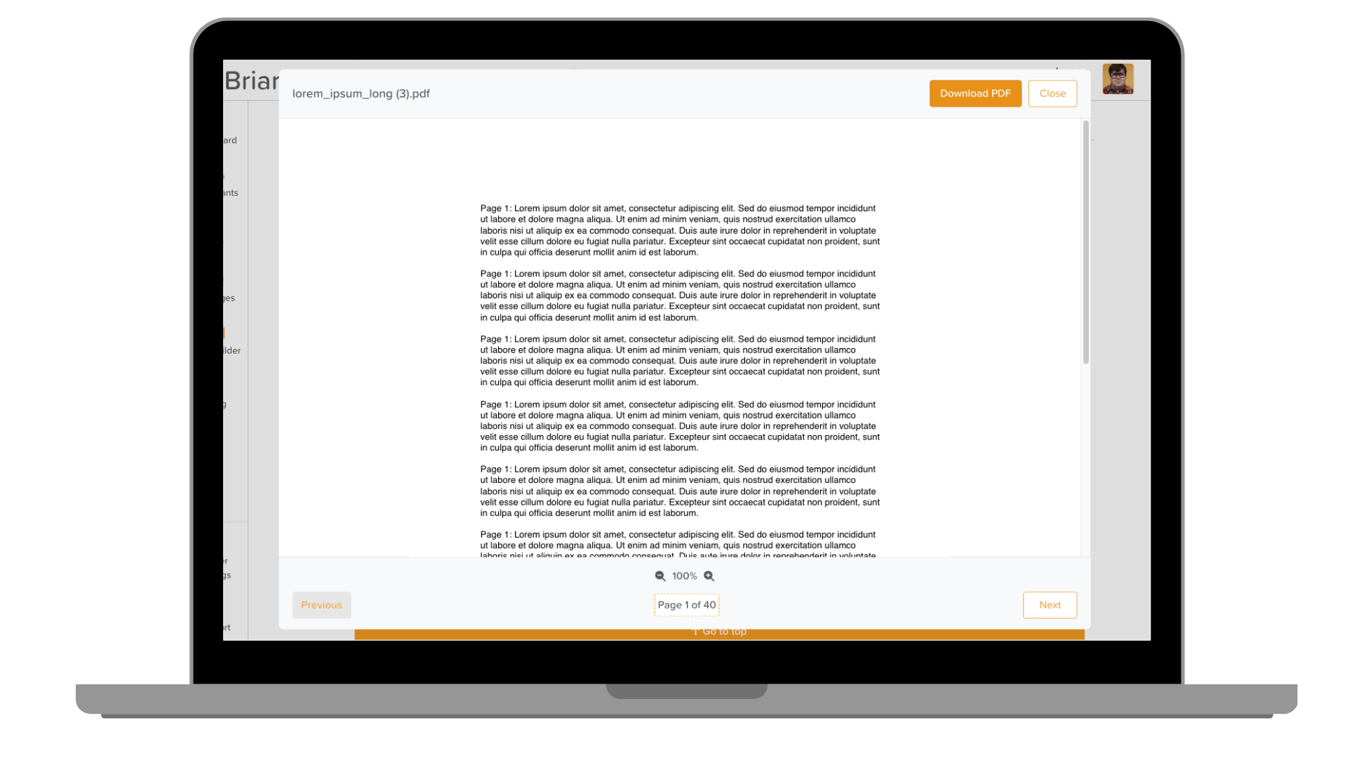 A laptop showing how you can preview a PDF document in StoriiCare