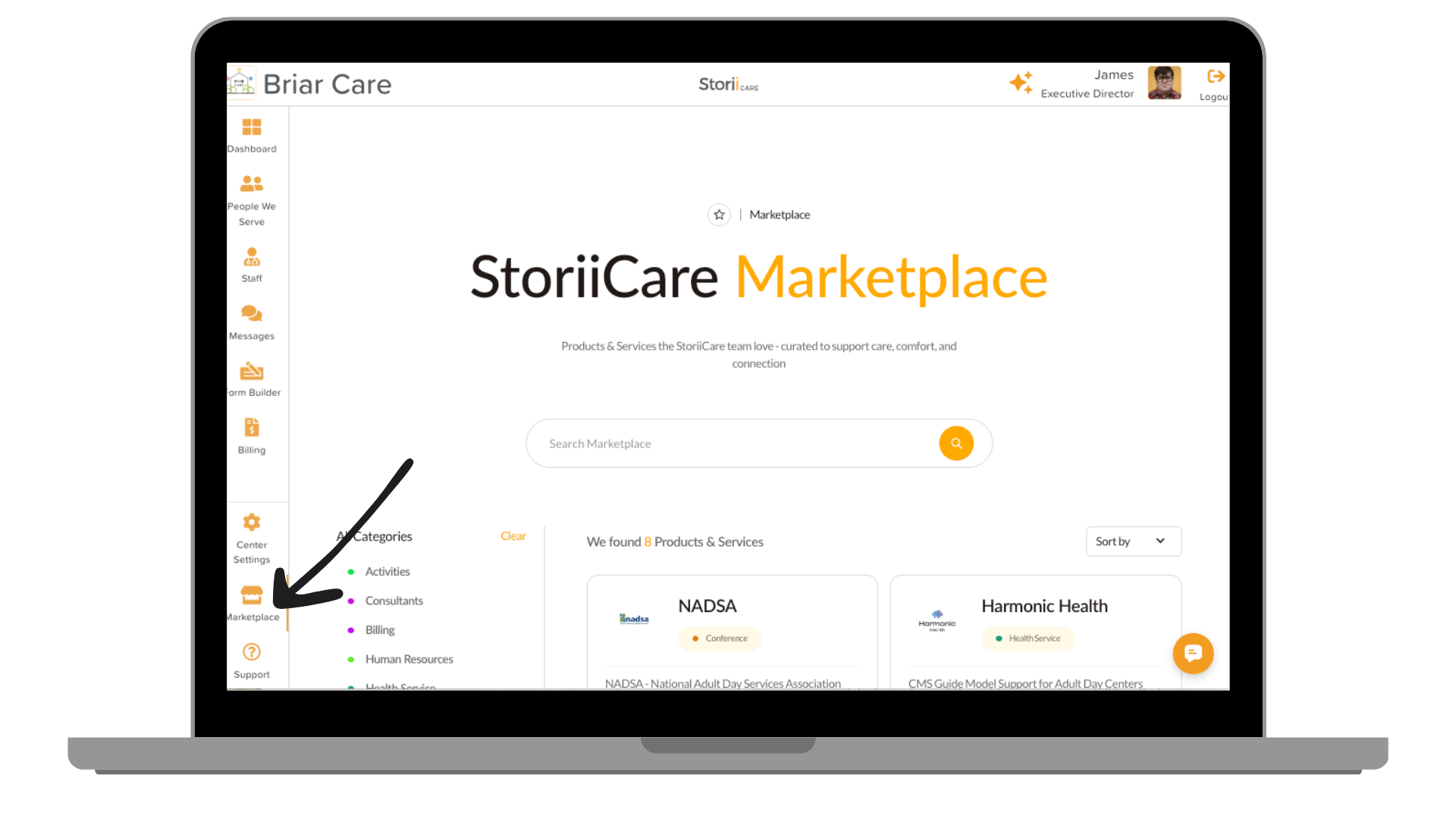 A laptop showing the StoriiCare Marketplace feature
