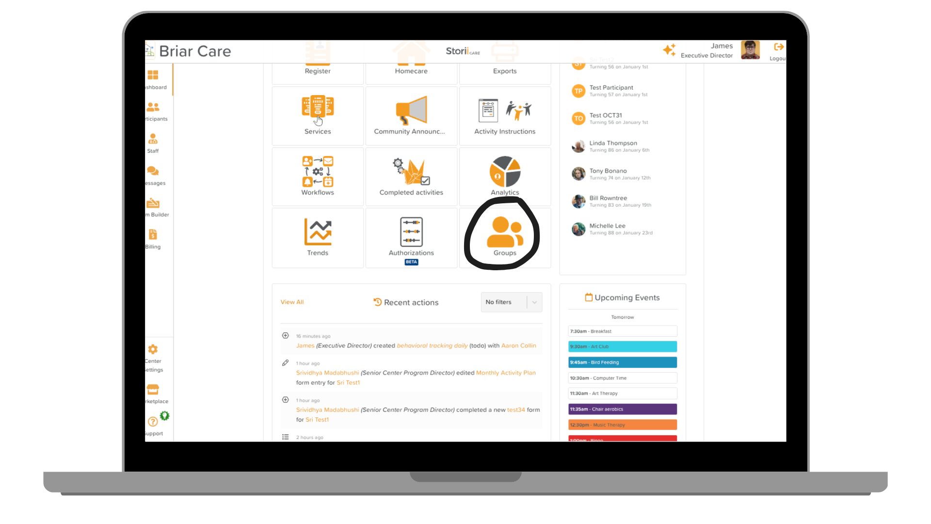 A laptop with StoriiCare's main dashboard displayed. The new groups feature is circled for emphasis. 