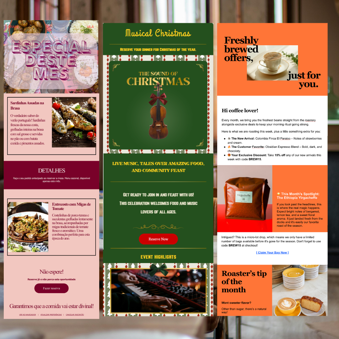 Three UMAI email campaign templates: seasonal special, Musical Christmas event, and freshly brewed offers