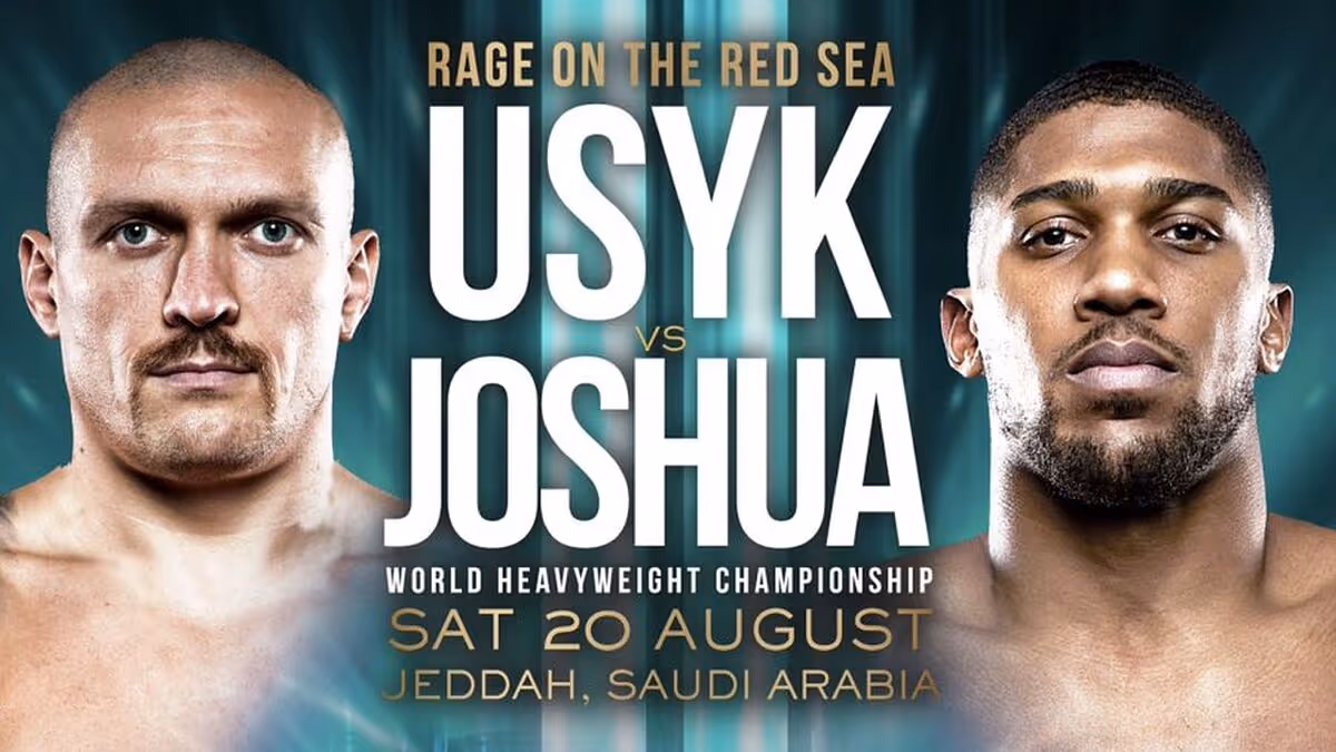 Boxing match poster featuring two fighters with text detailing date and location: 20 August, Jeddah.