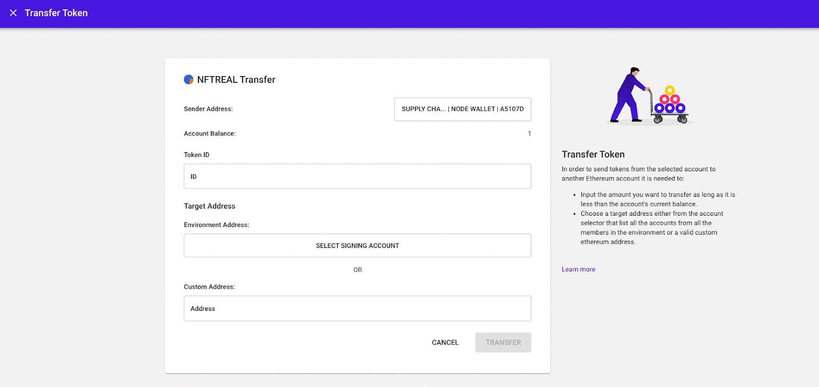 Transfer token screenshot in Kaleido console