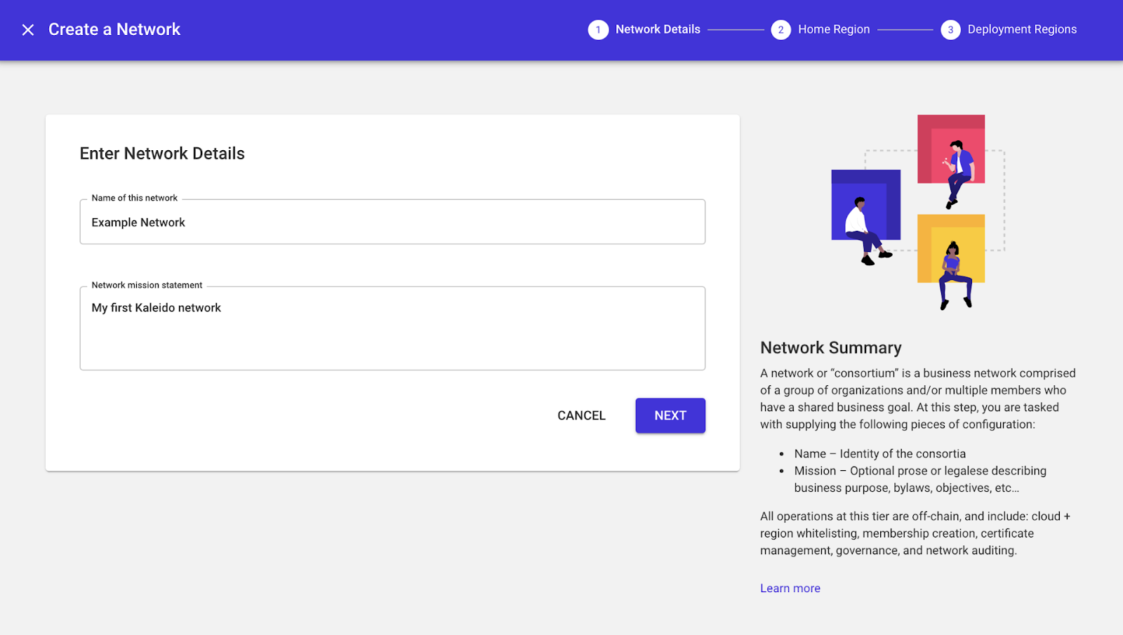 screenshot inside the Kaleido console shows where to create a network