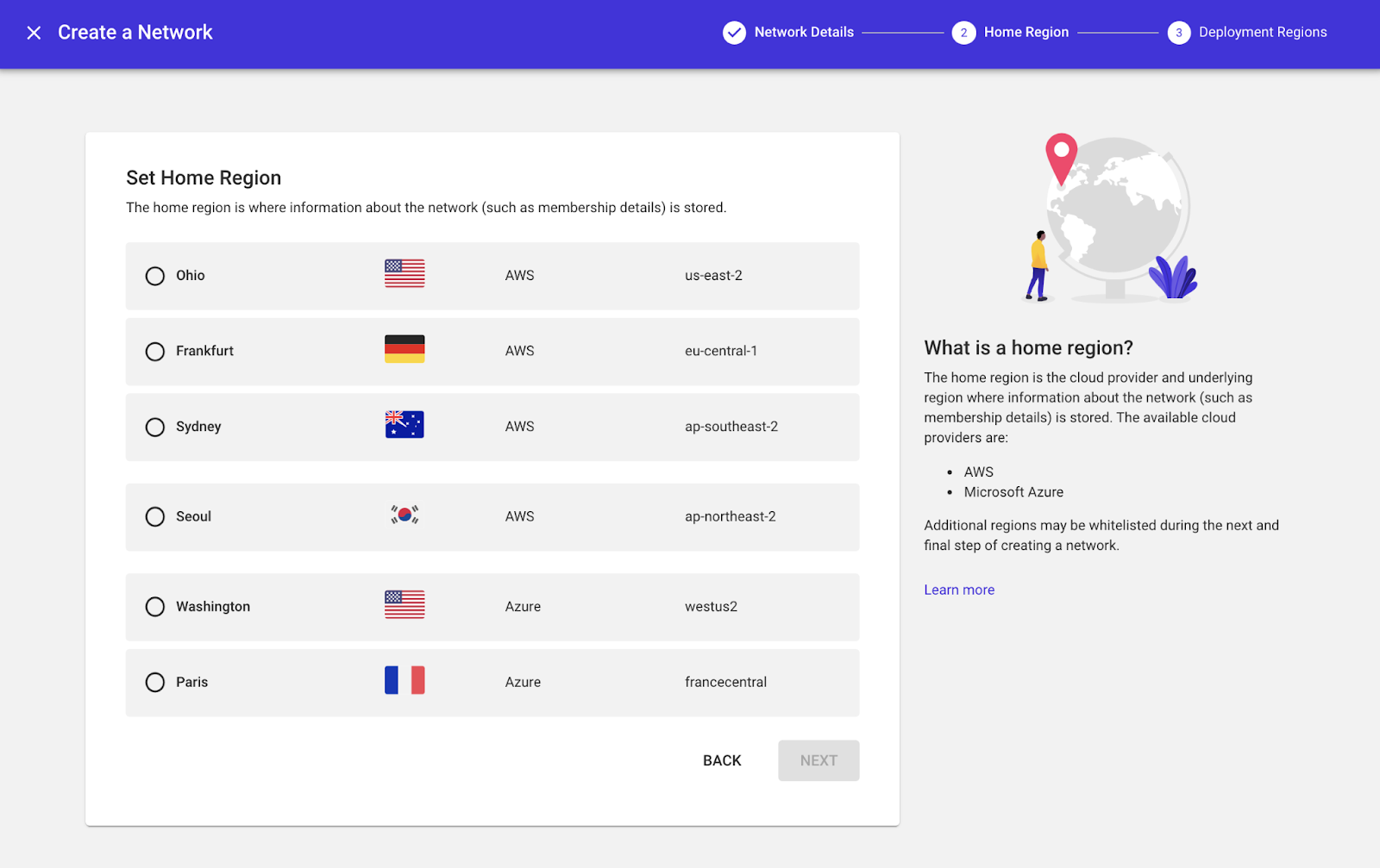 screenshot from the Kaleido console shows how to set home region for the network