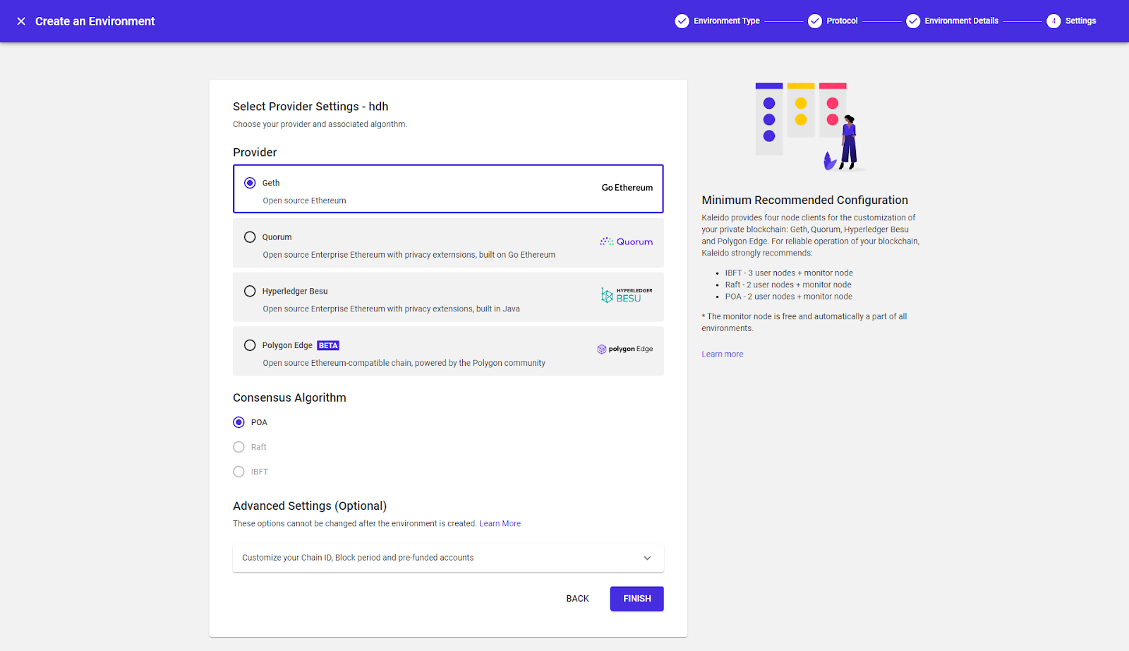 screenshot inside the Kaleido console shows more chain options