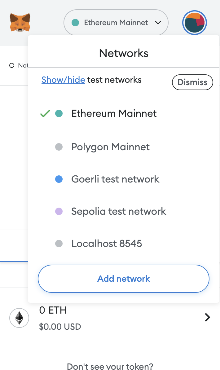 Metamask screenshot showing networks