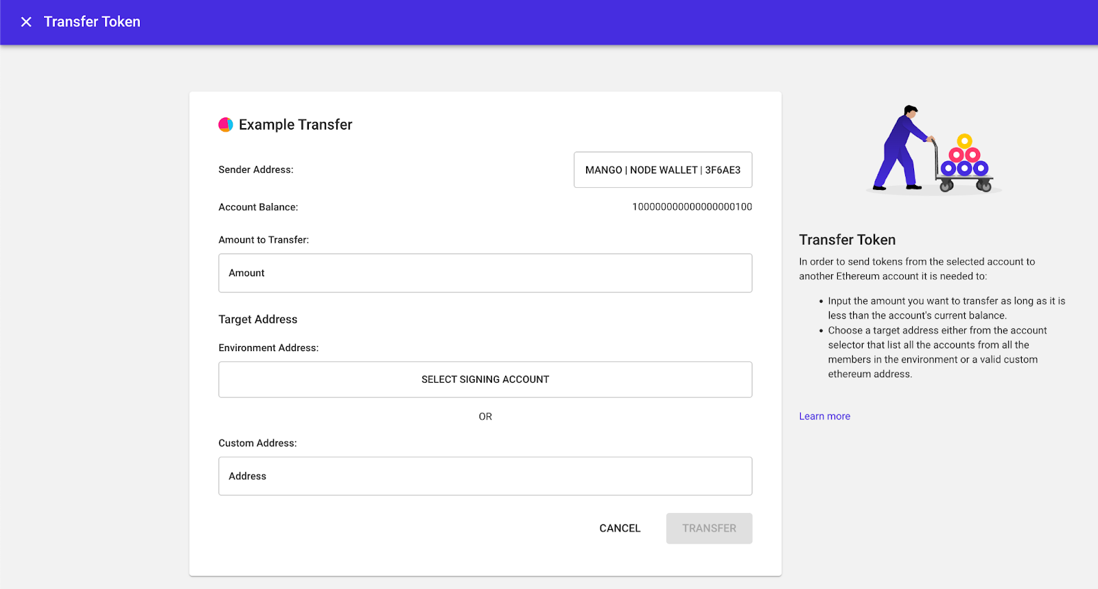 Transfer token dashboard in Kaleido