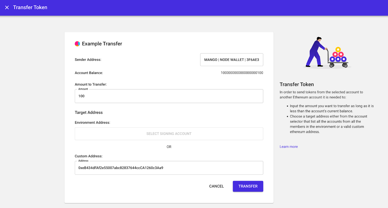 Token transfer dashboard in Kaleido