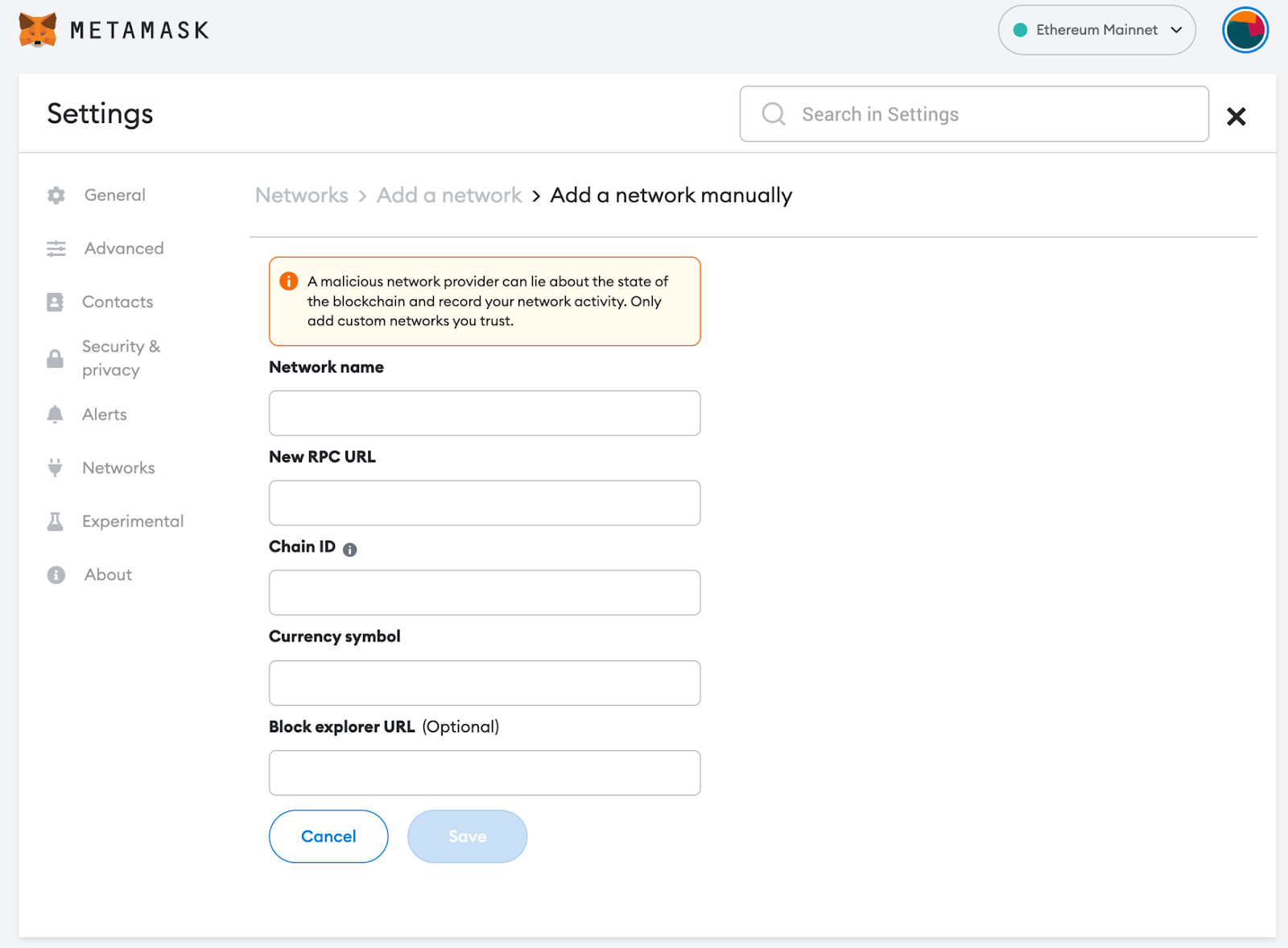 Metamask add network screenshot