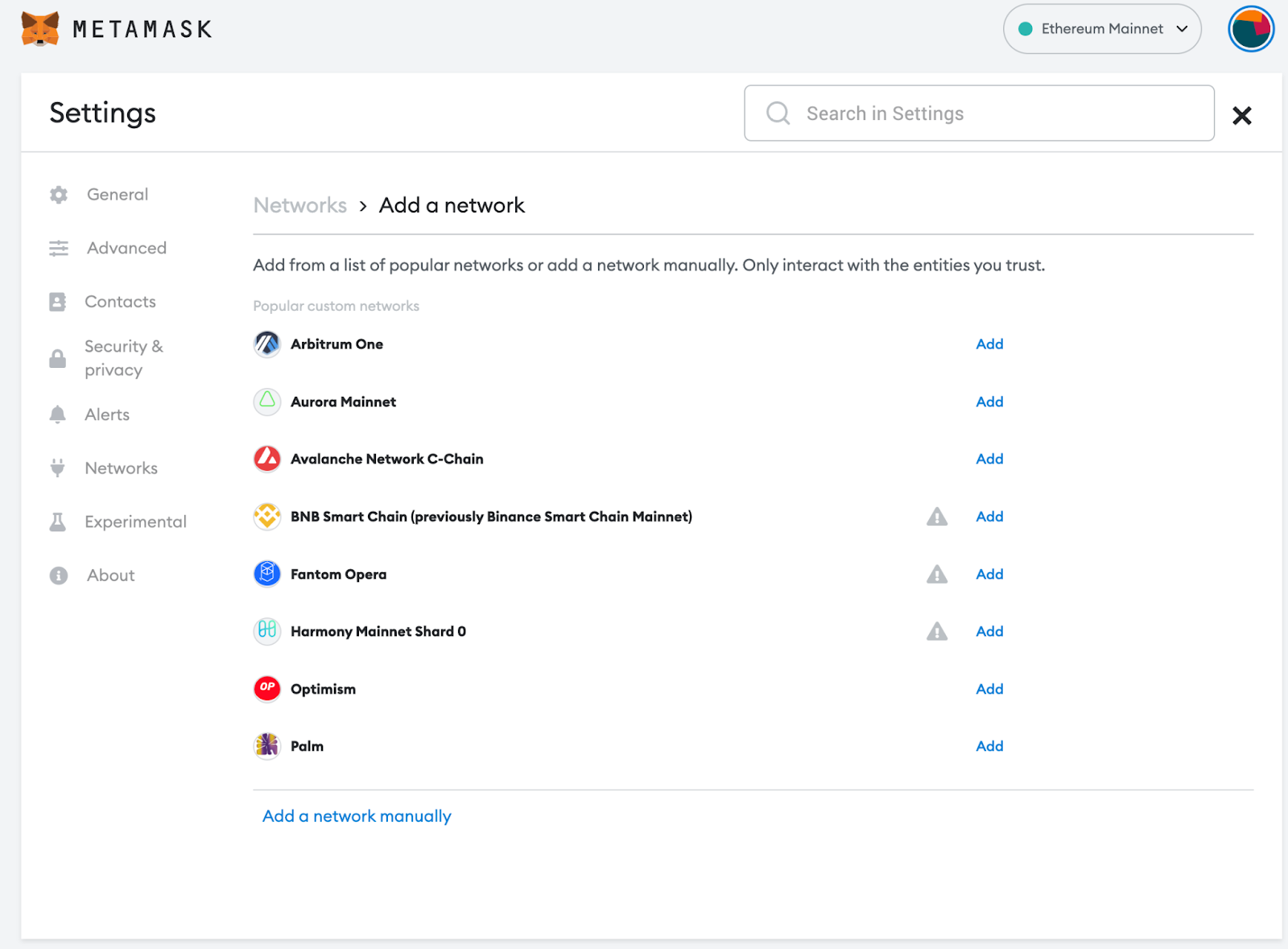 Metamask setting dashboard