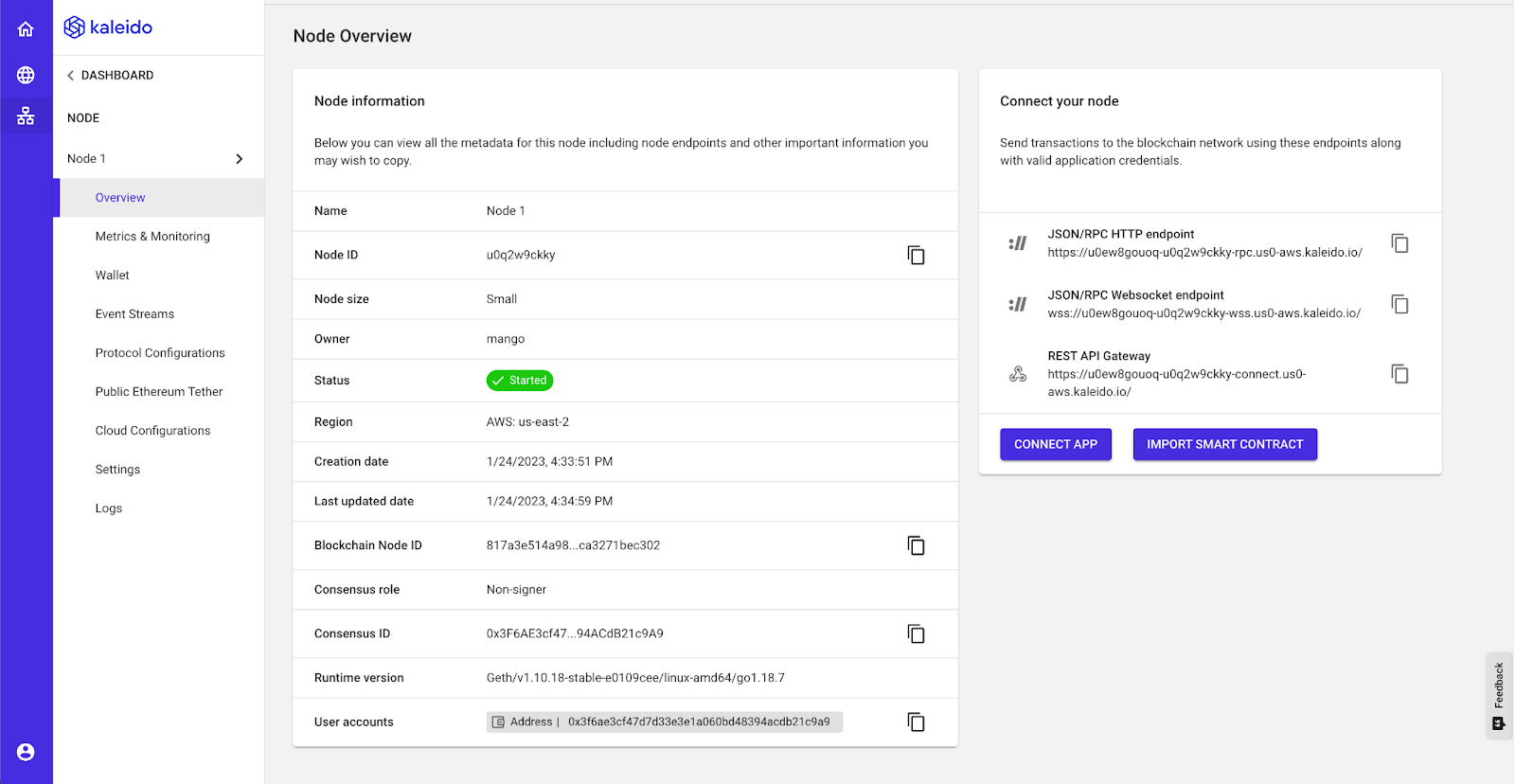 Node overview in Kaleido console