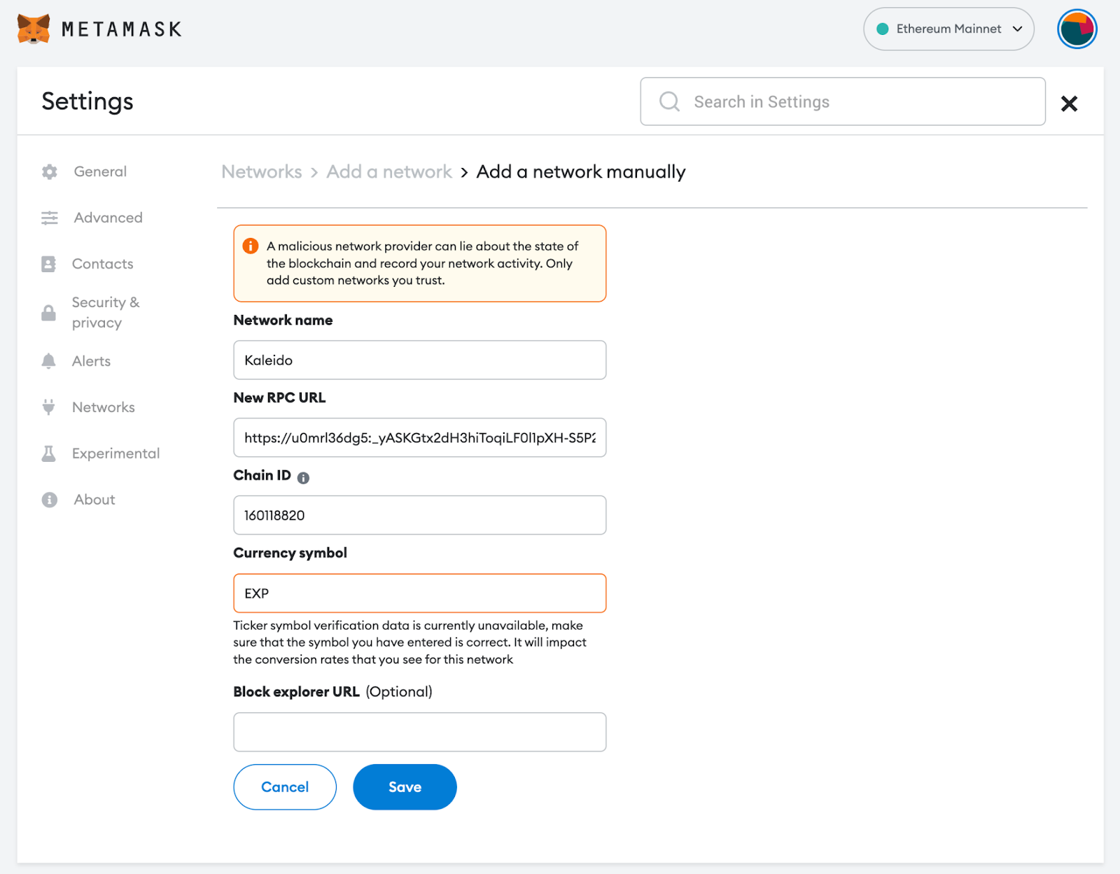 Screenshot of updated Metamask settings