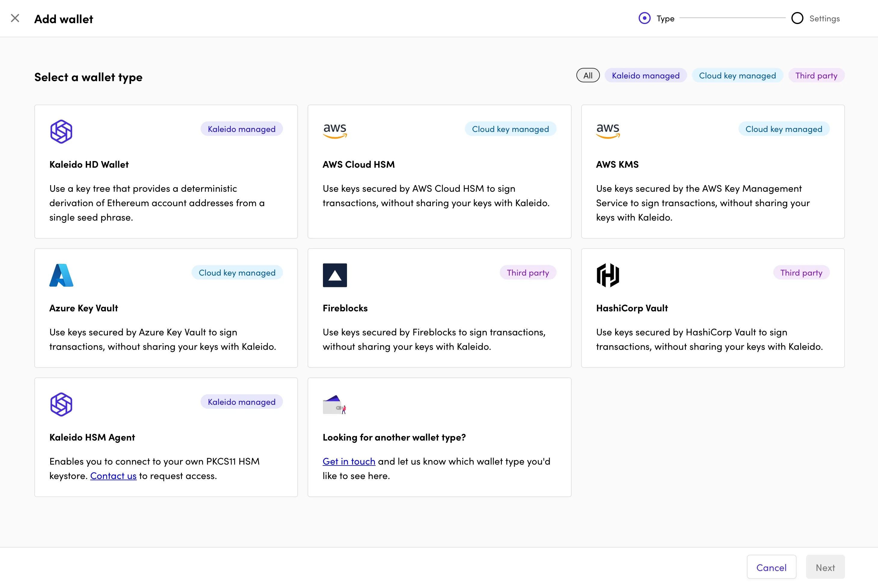 Screenshot of web3 wallets that Kaleido offers