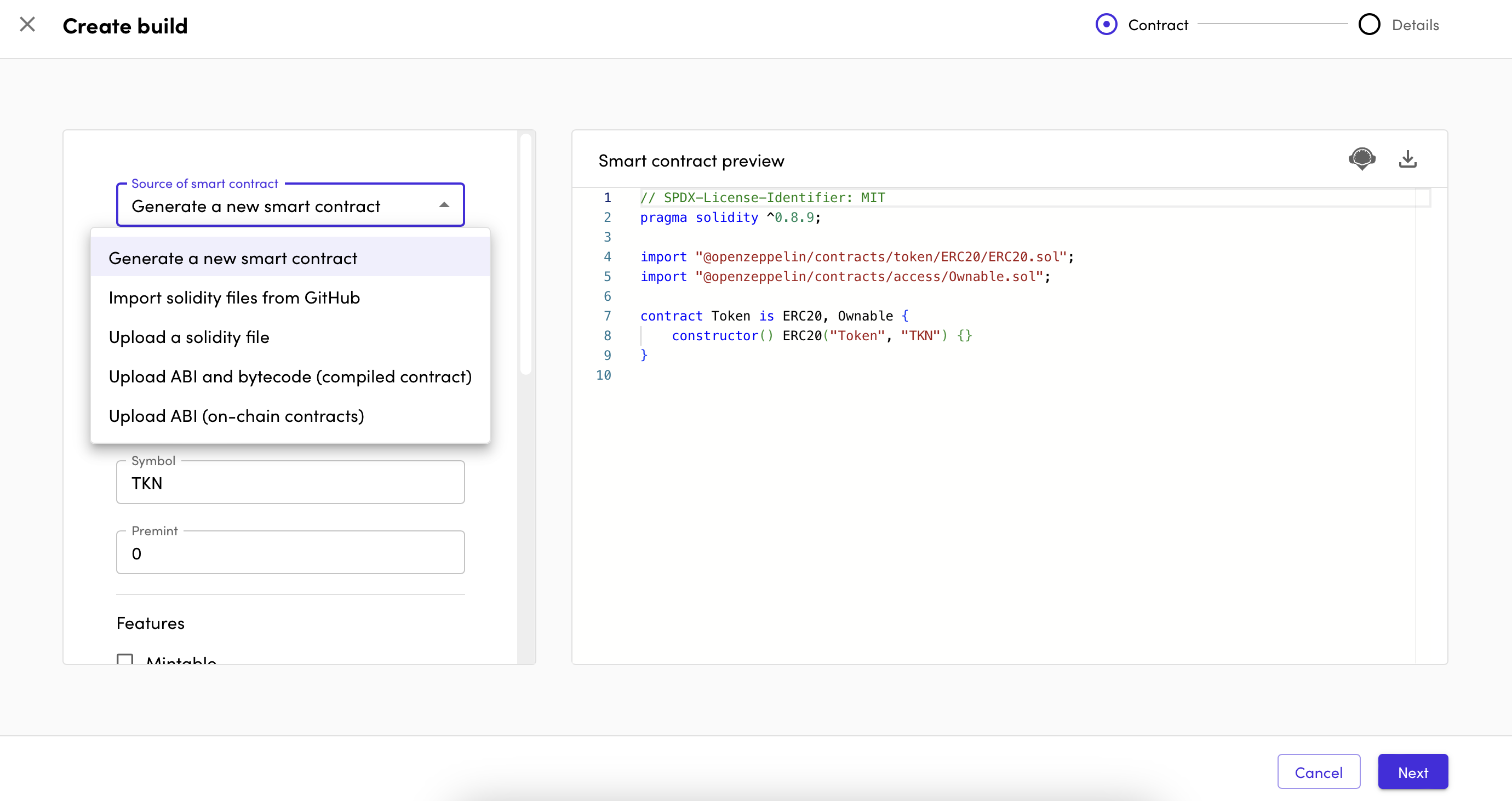 Screenshot of Kaleido's smart contract management UI
