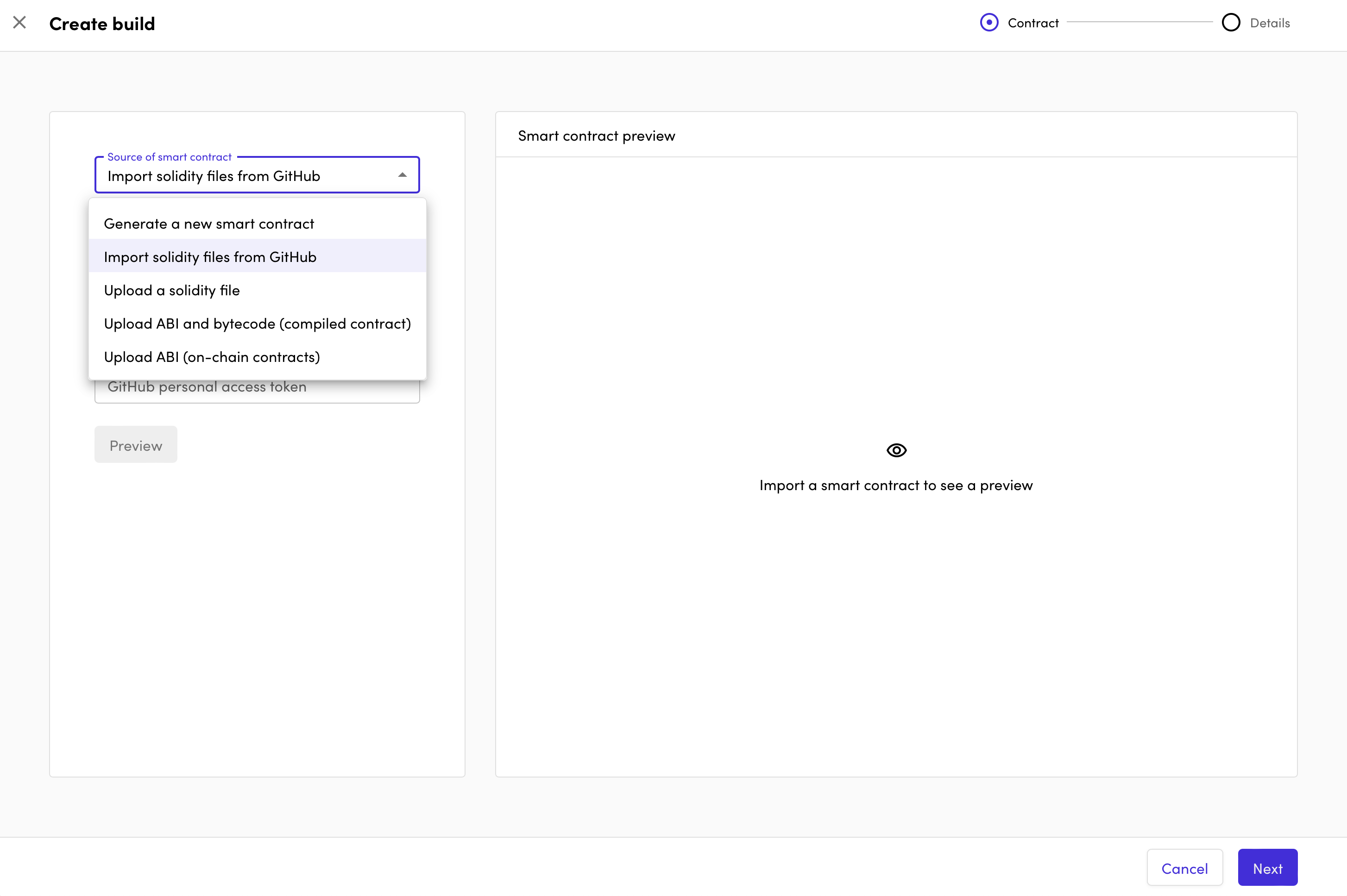 Screenshot shows how the Kaleido Asset Platform allows code imports from GitHub