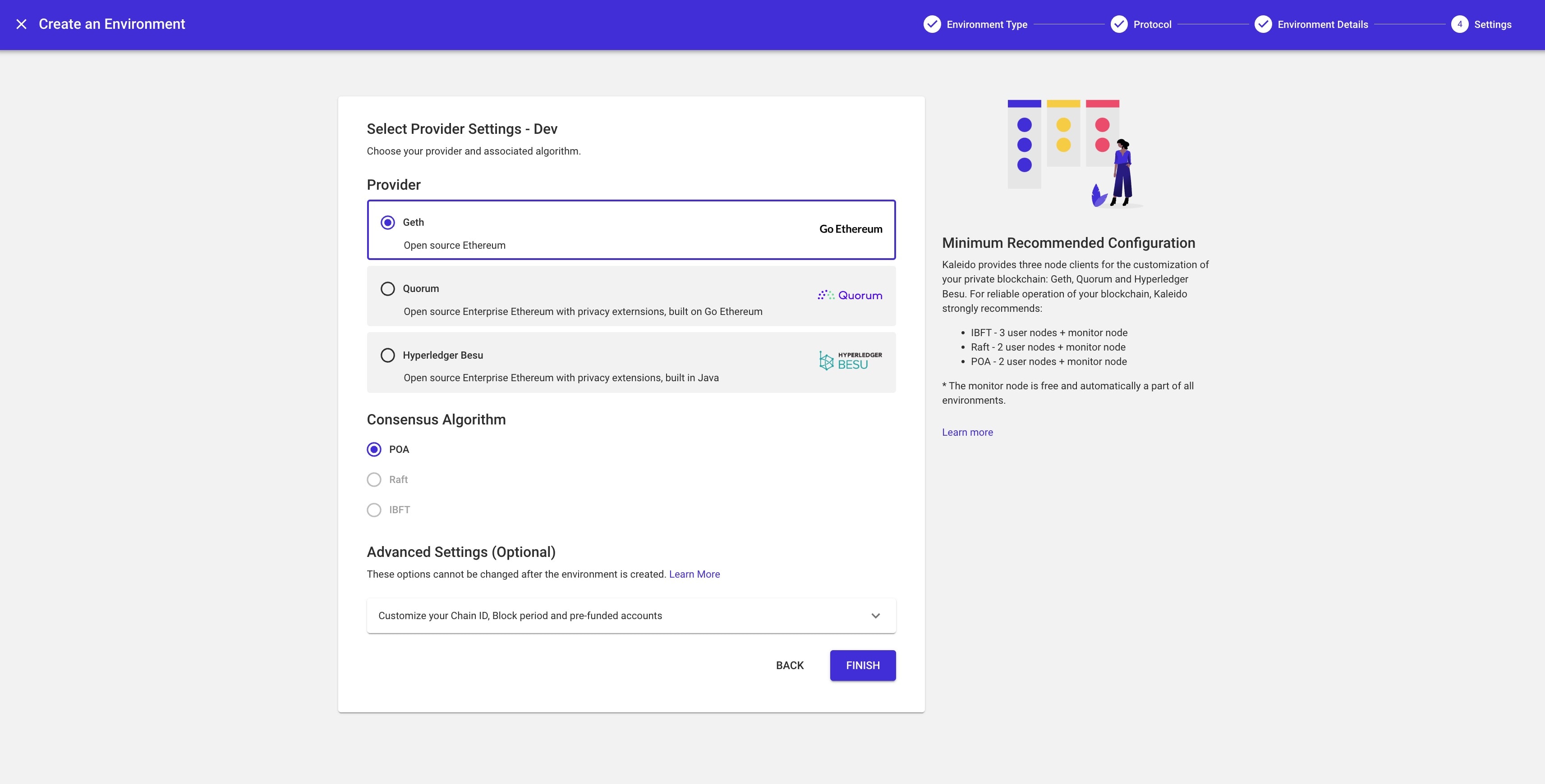 screenshot of Kaleido console to pick consensus algorithm