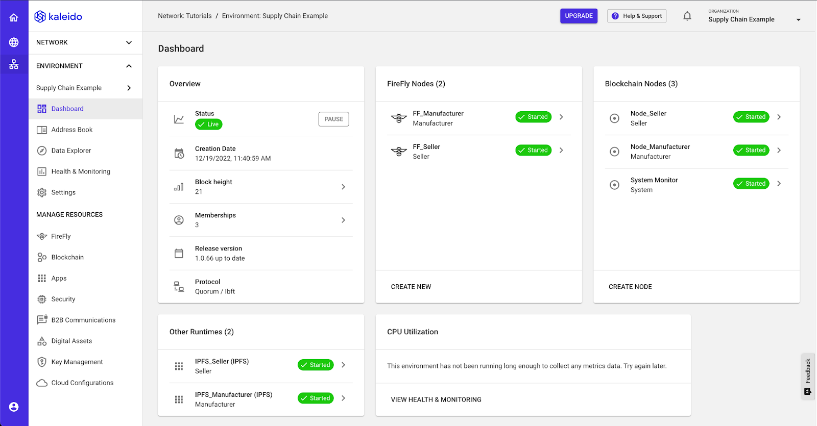 A view of the Kaleido dashboard