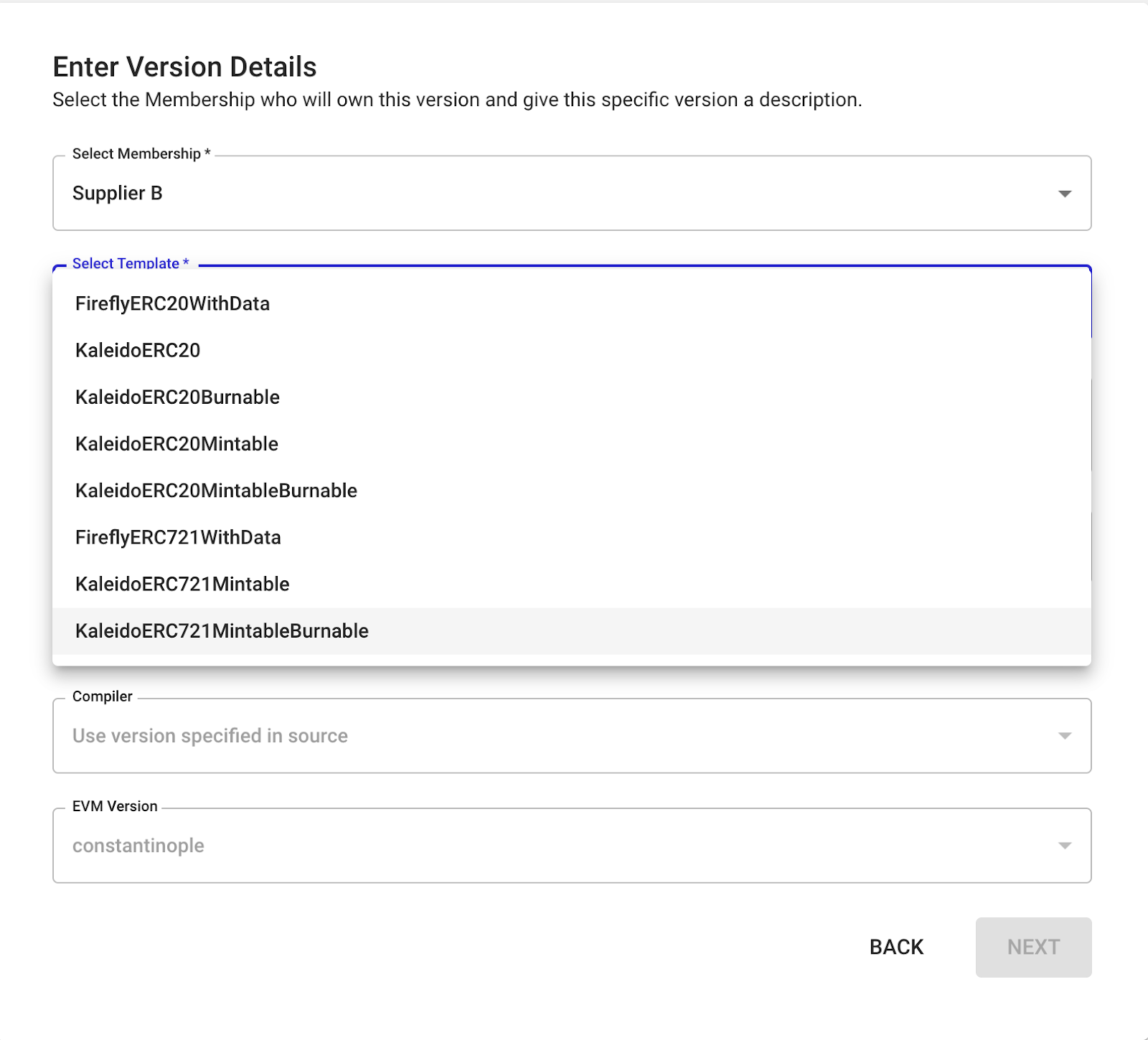 A smart contract import on the Kaleido platform