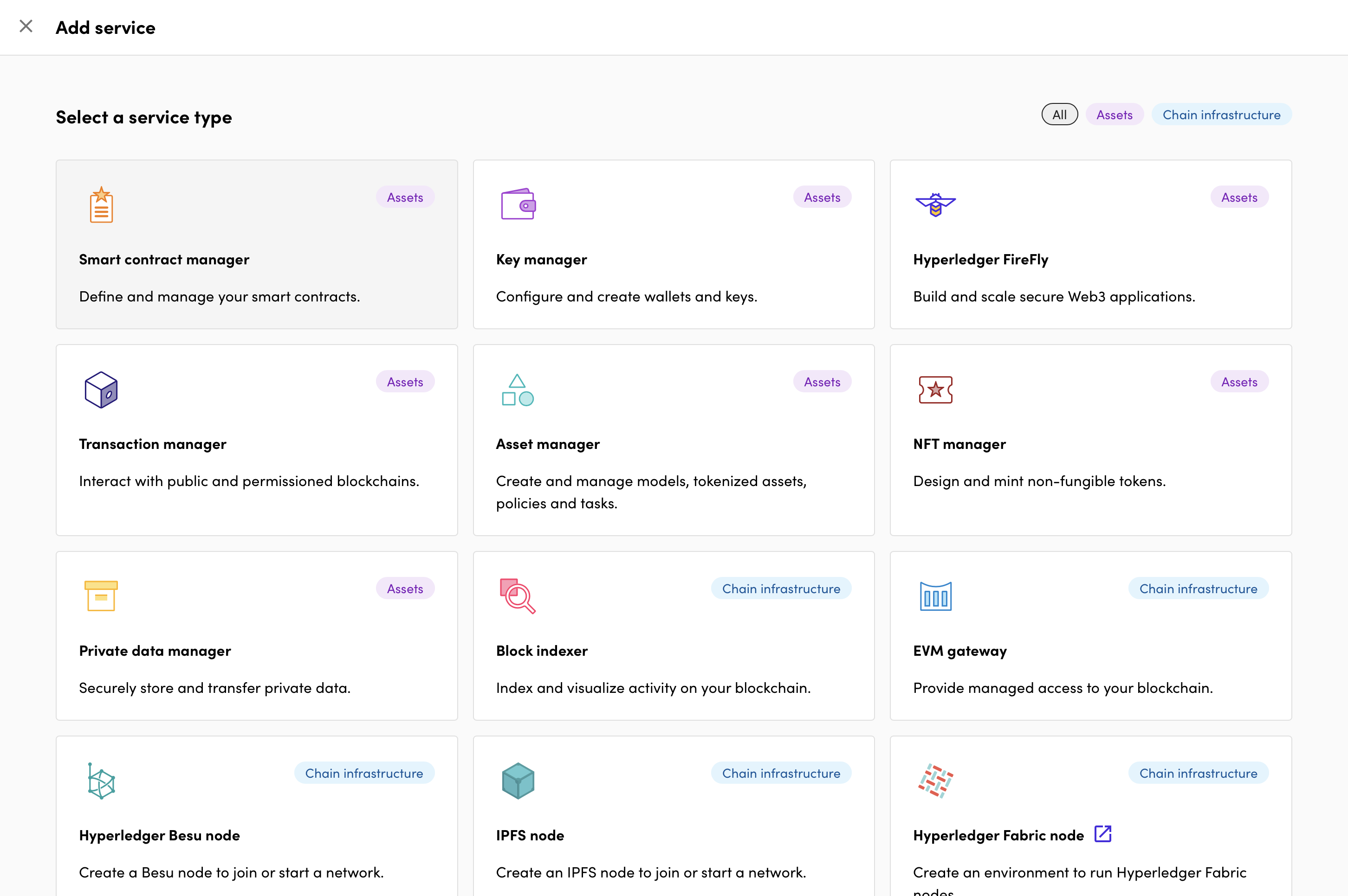 Screenshot shows the Kaleido Asset Platform service library