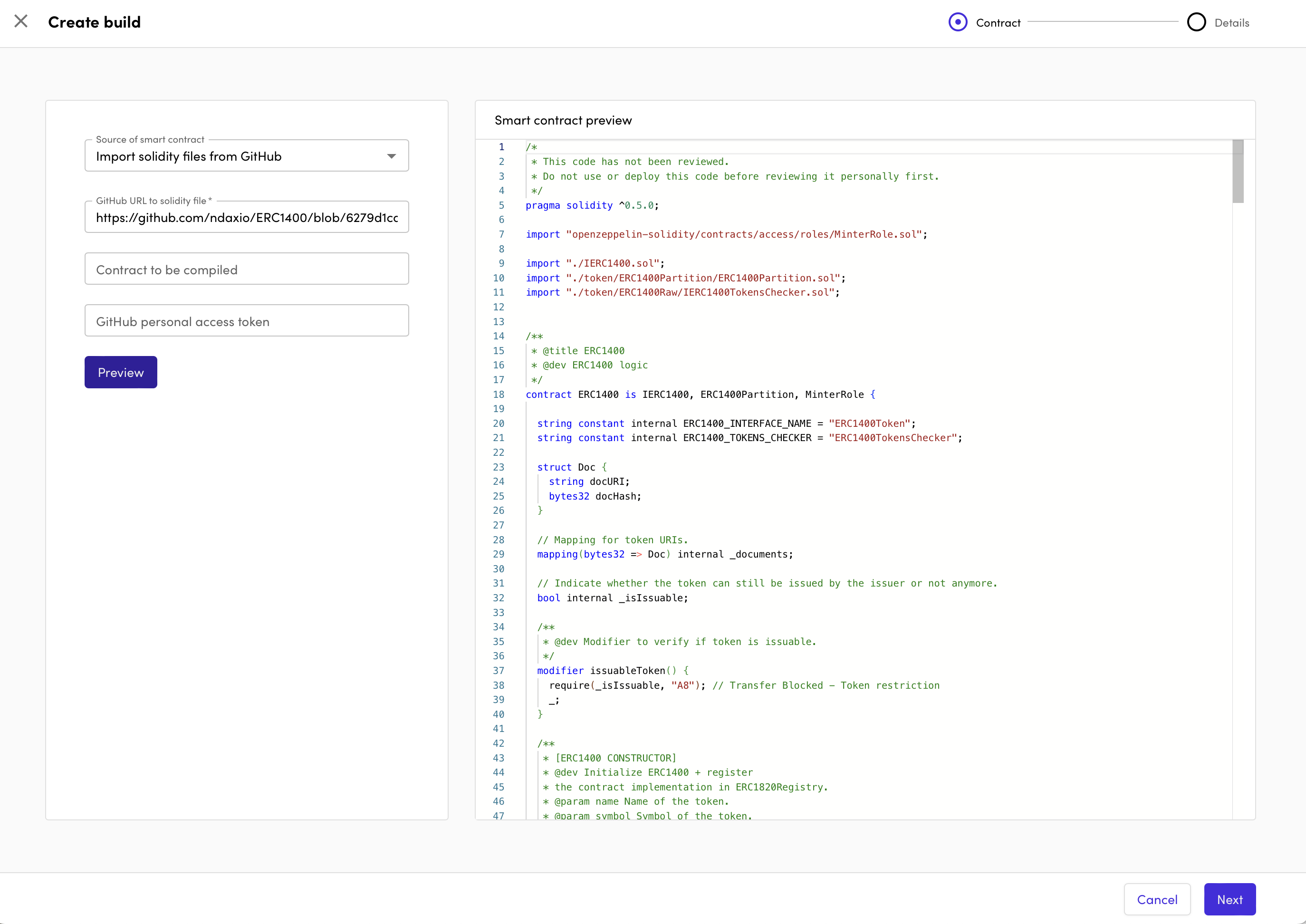 This screenshot shows erc1400 contract code in Kaleido