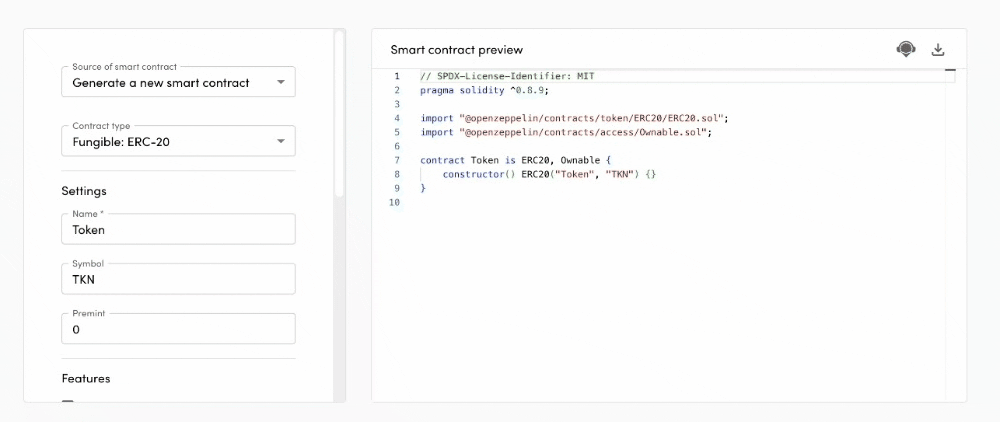 GIF shows contract management and token templates in console