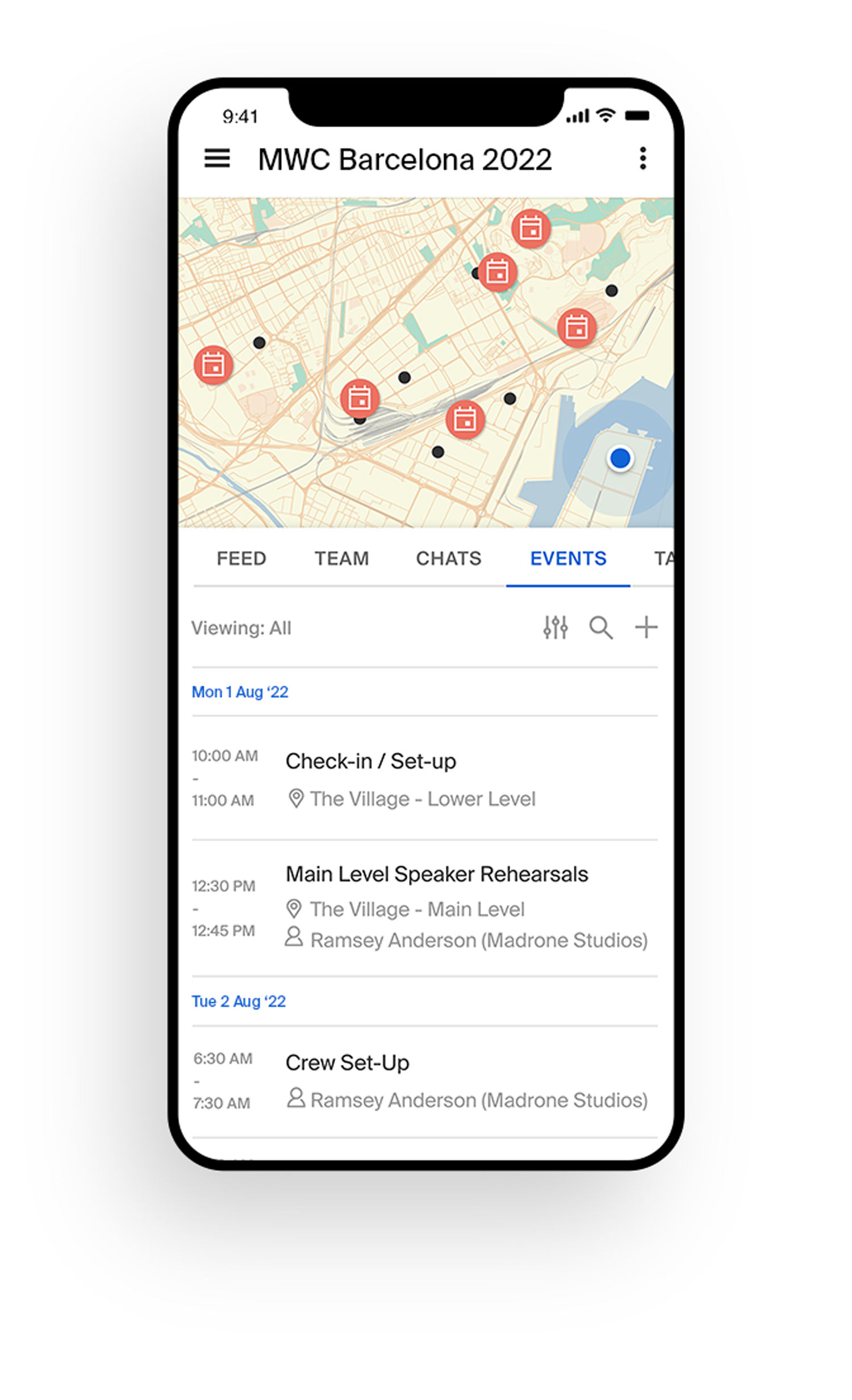 A shot of the app's event page module showing a list of events relevant to the project below an interactive map with each location highlighted.
