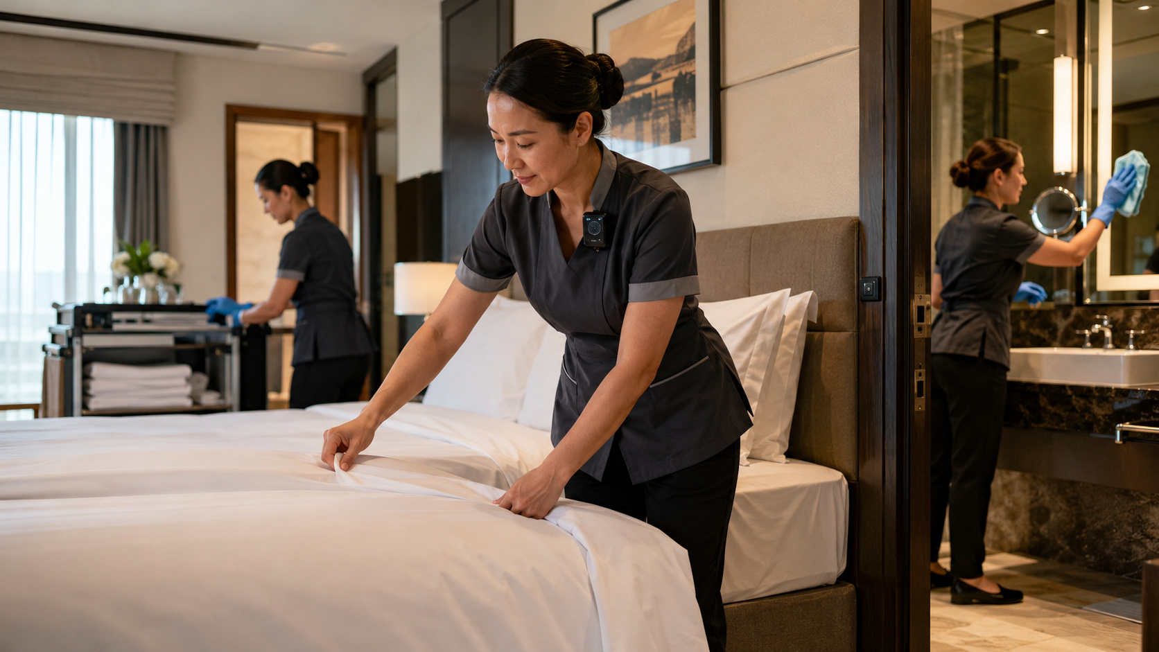 lady preparing bed an wearing a camera to track her hands movements