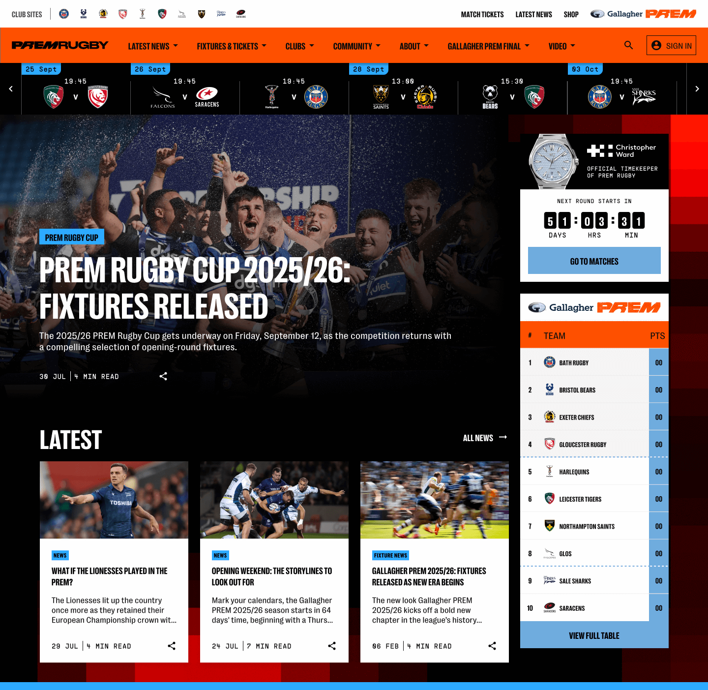 PREM Rugby website home page