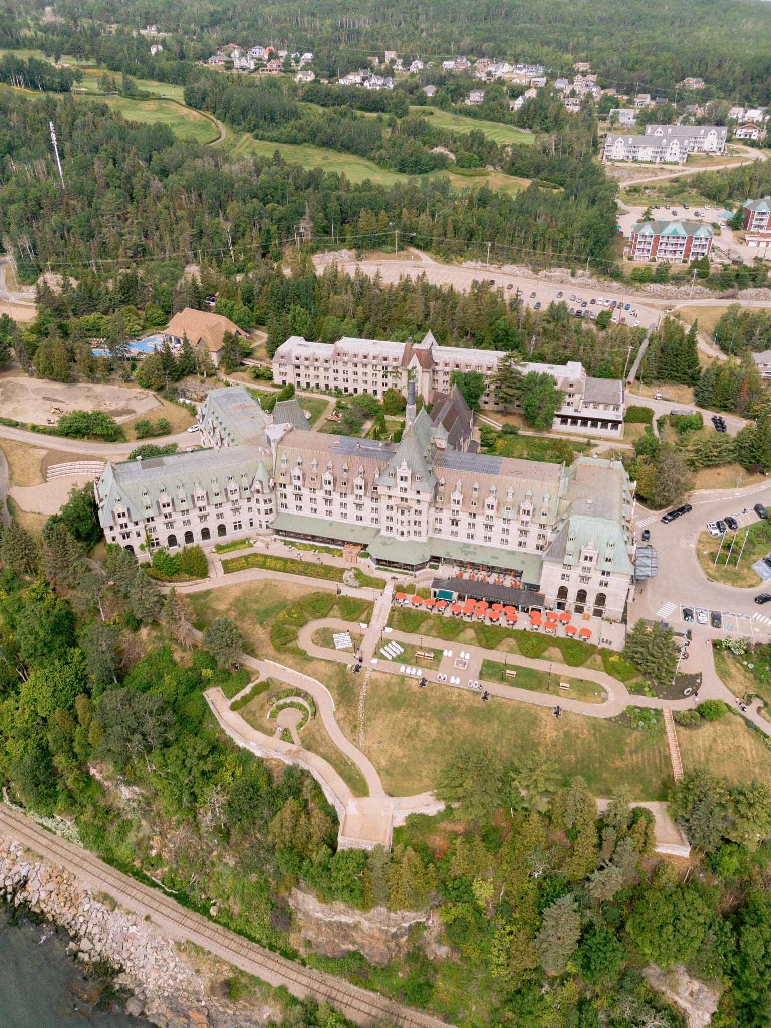 Aerial view of Fairmont Le Manoir Richelieu on the cliff above the St. Lawrence in La Malbaie