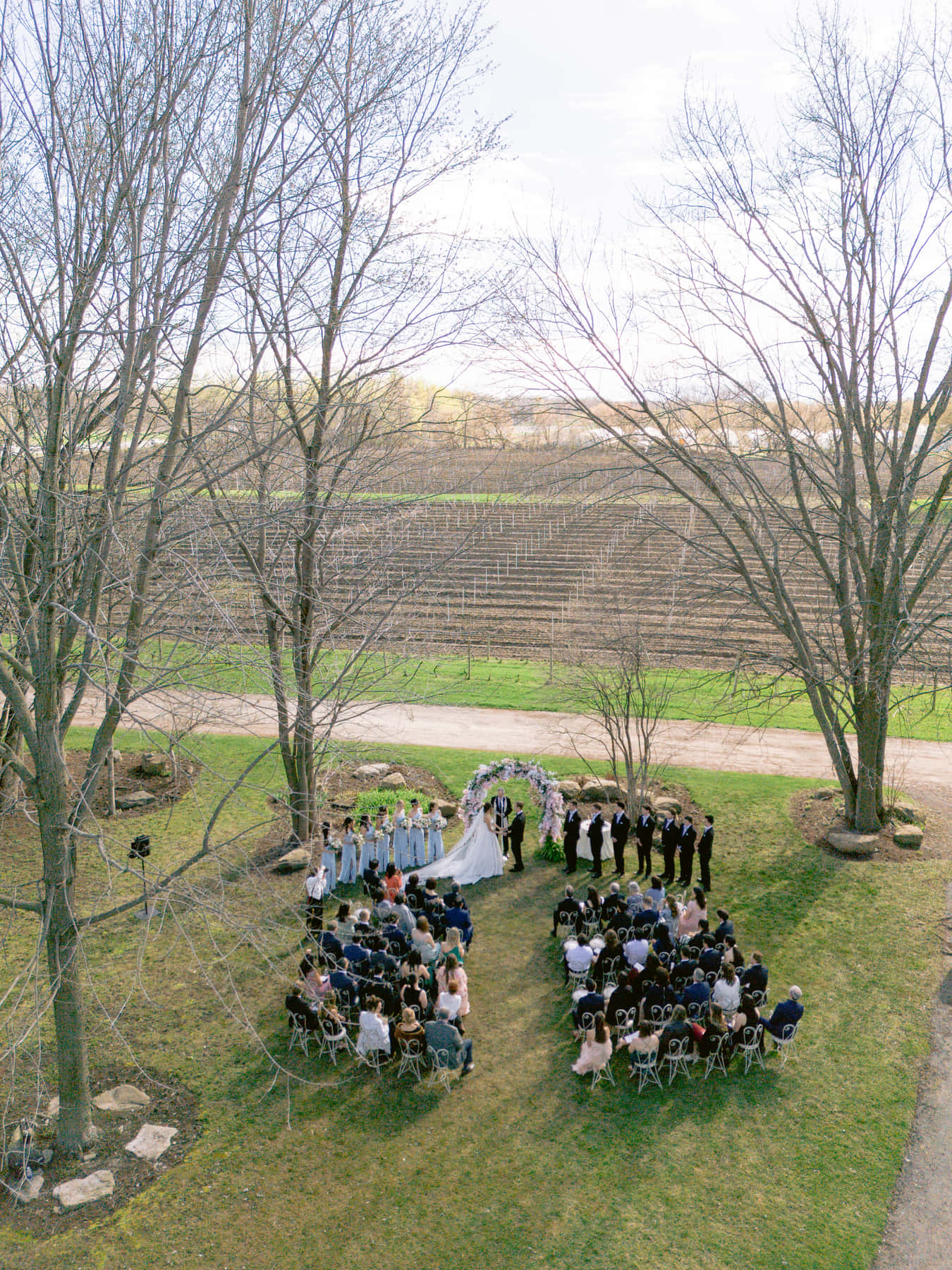 Vue aérienne d'une cérémonie sur la pelouse du château, avec les rangs de vignes au loin