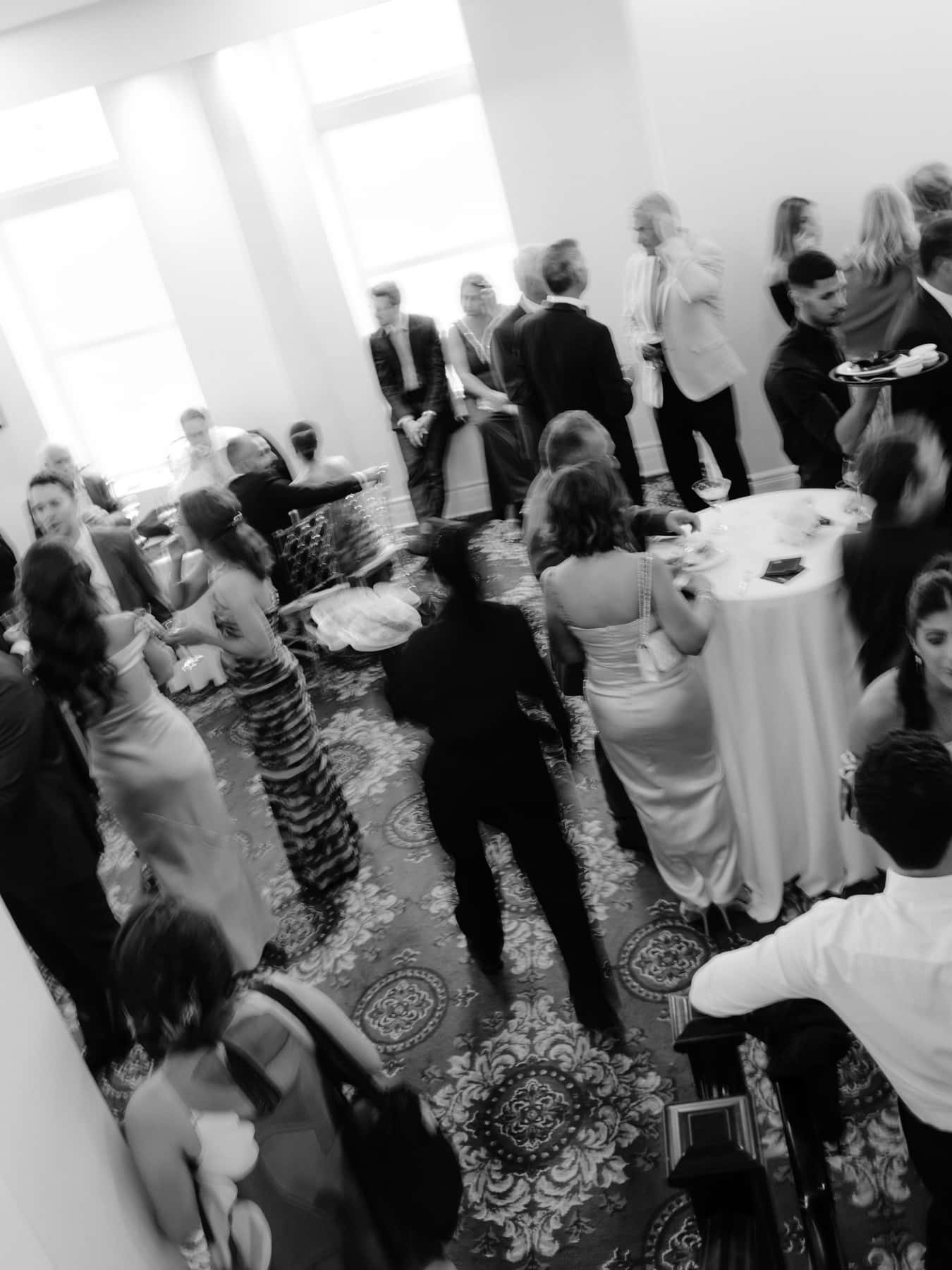 Guests mingling during cocktail hour, seen from above