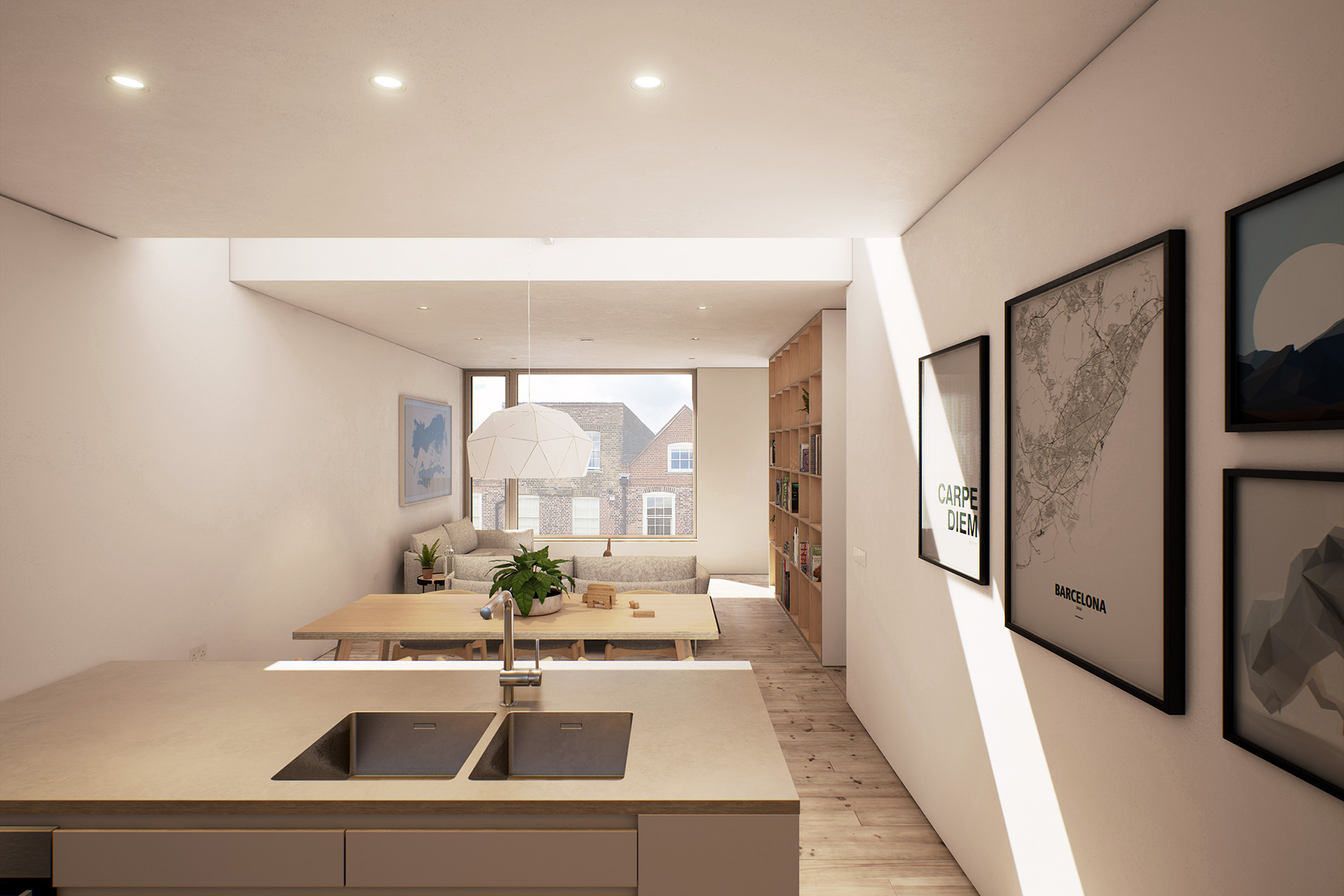 KIN — An interior view of an open plan living space with light streaming in through a large window on the far wall and a skylight about the dining table.