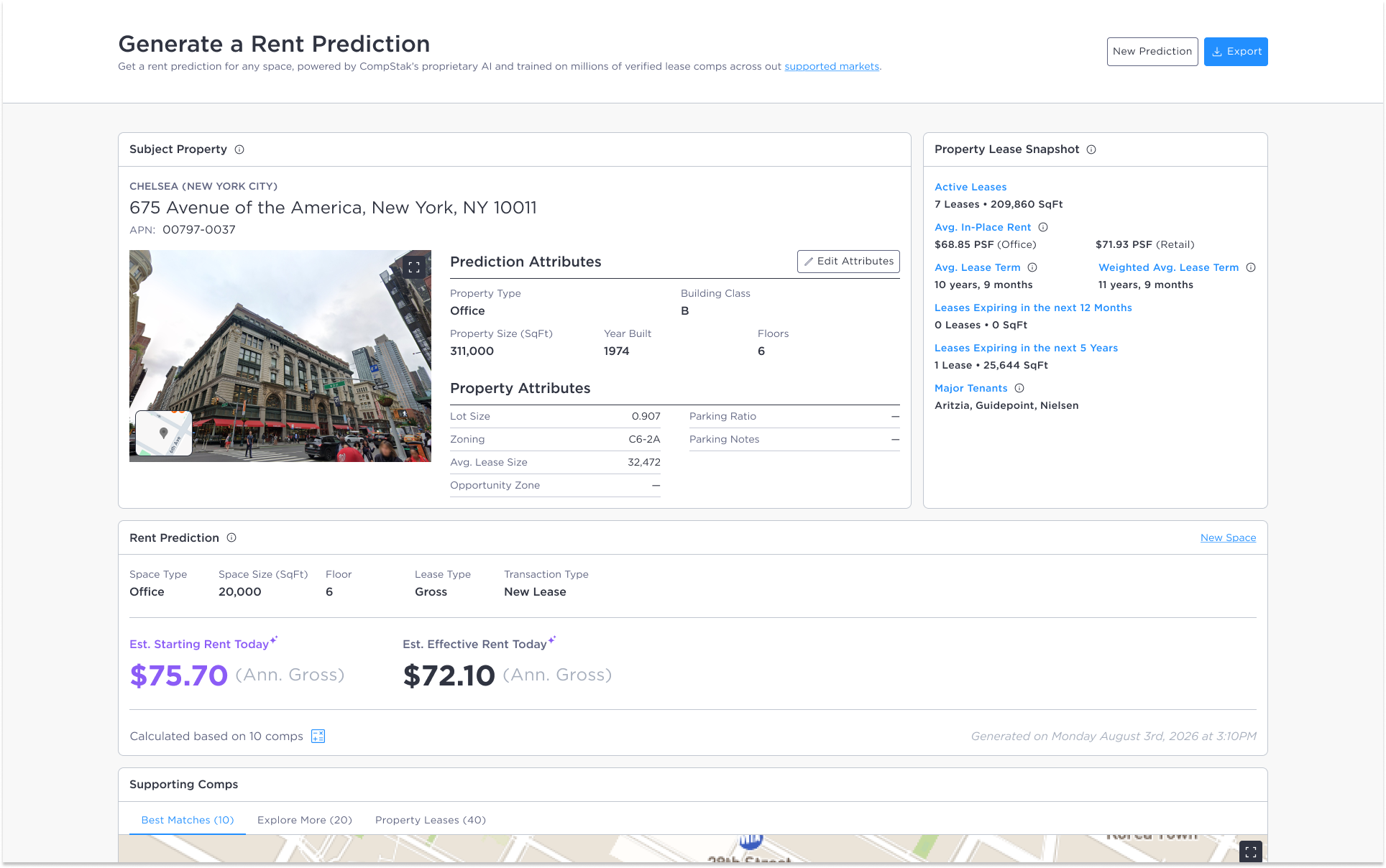 Rent Predictor showing a rent prediction for 675 Avenue of the Americas, New York