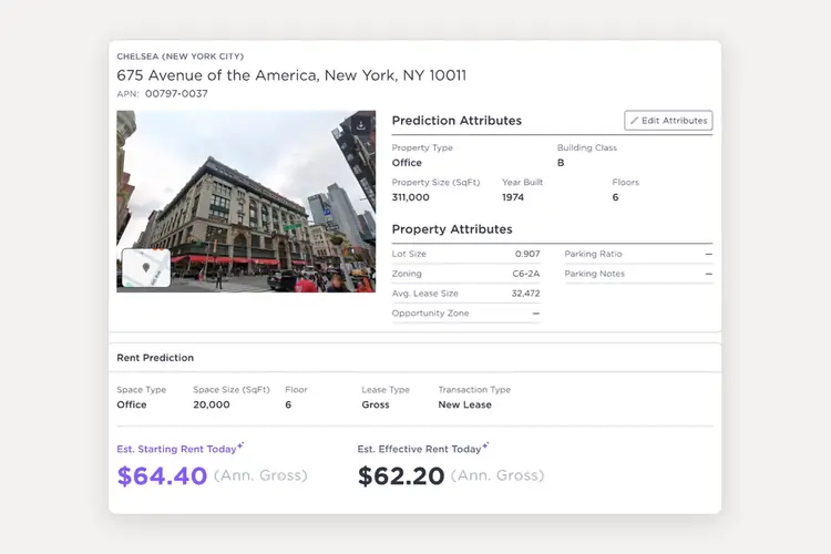 Rent Predictor result with property details and an estimated starting rent of $64.40 and effective rent of $62.20