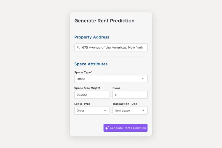 Rent Predictor form with a New York office address, 20,000 square feet on floor 6, gross lease, new lease