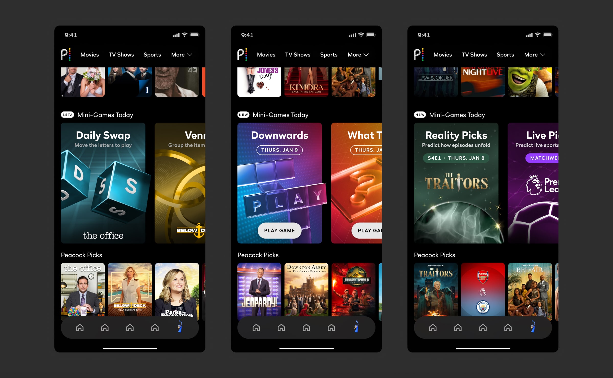 An image of three mobile screens all showing the design of peacock original games