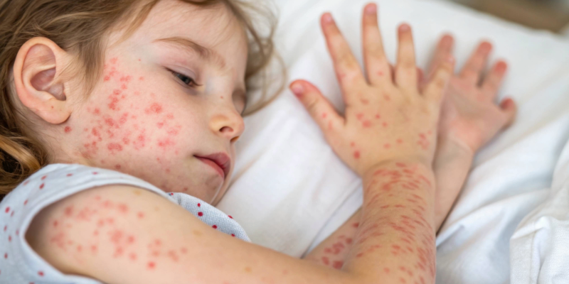 Child with measles rash resting in bed.