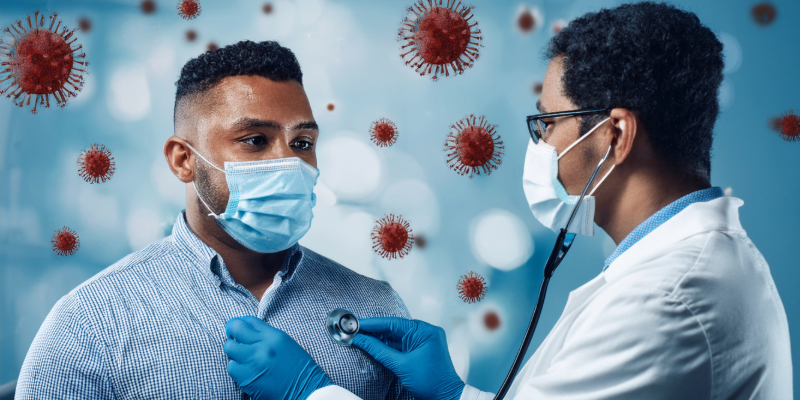 Doctor checking patient for COVID-19 symptoms during pandemic.
