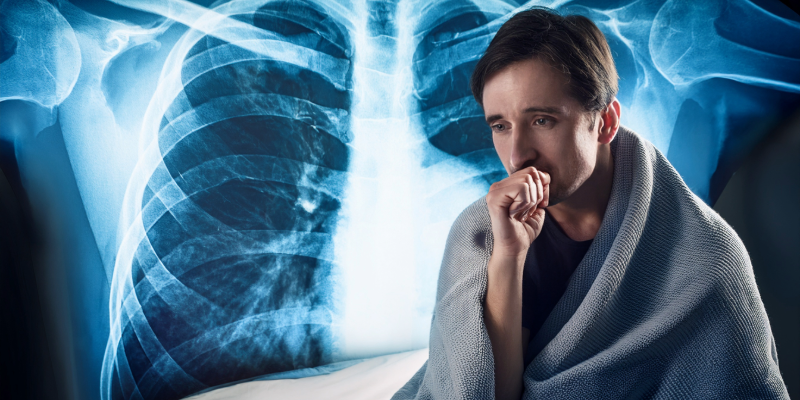 Chest X-ray showing fluid in lungs, next to a coughing patient with a blanket.