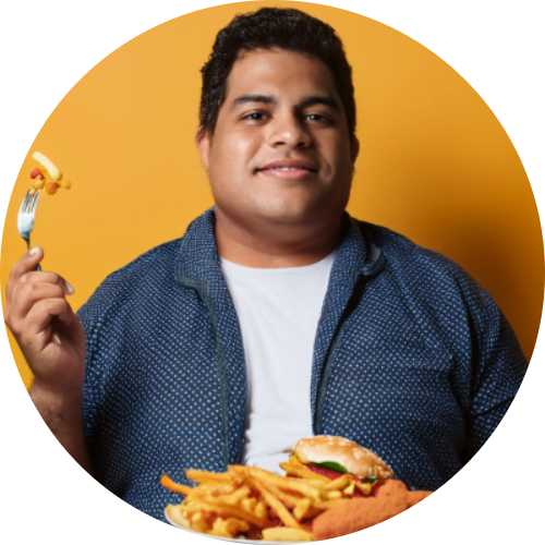 Obese man eating a plate full of high cholesterol foods that can cause hyperlipidemia.