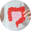 Hand holding intestine-shaped cutout in front of their stomach.