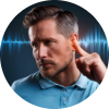 Person experiencing ringing in one ear with visual soundwave.