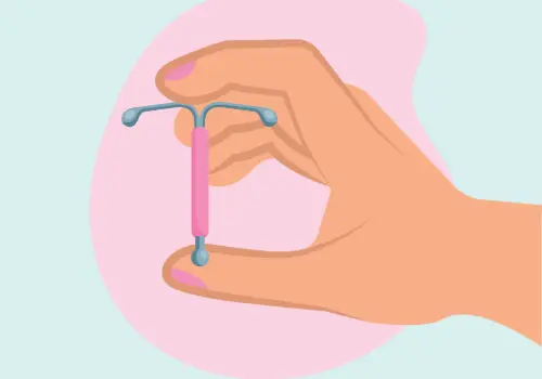 Illustration of a hand holding an IUD, which is a birth control option placed inside the uterus.