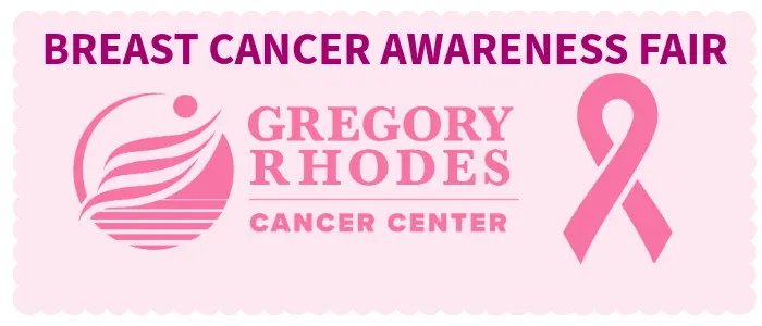 Breast Cancer Awareness Fair graphic with Gregory Rhodes, MD Cancer Center logo and a pink ribbon.