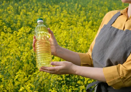 Farmer holding a bottle of rapeseed oil in front of a rapeseed field.