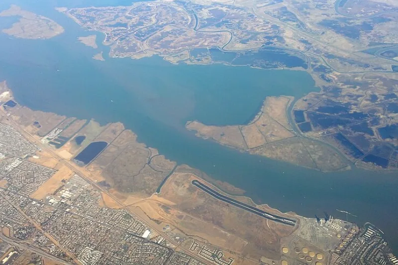 Aerial photograph of Grizzly Bay and Pittsburg, California.