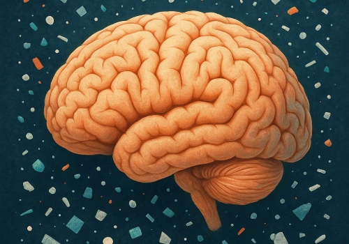 Illustration of microplastic particles surrounding a human brain, symbolizing research on microplastics and cognitive health.