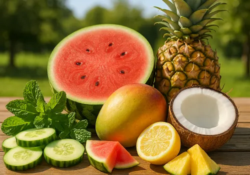 A colorful mix of hydrating summer foods—cucumber, watermelon, pineapple, mango, lemon, mint, and coconut—arranged on a wooden park bench.