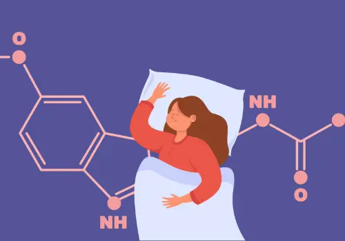 Illustration of a woman sleeping peacefully with the melatonin chemical structure in the background.